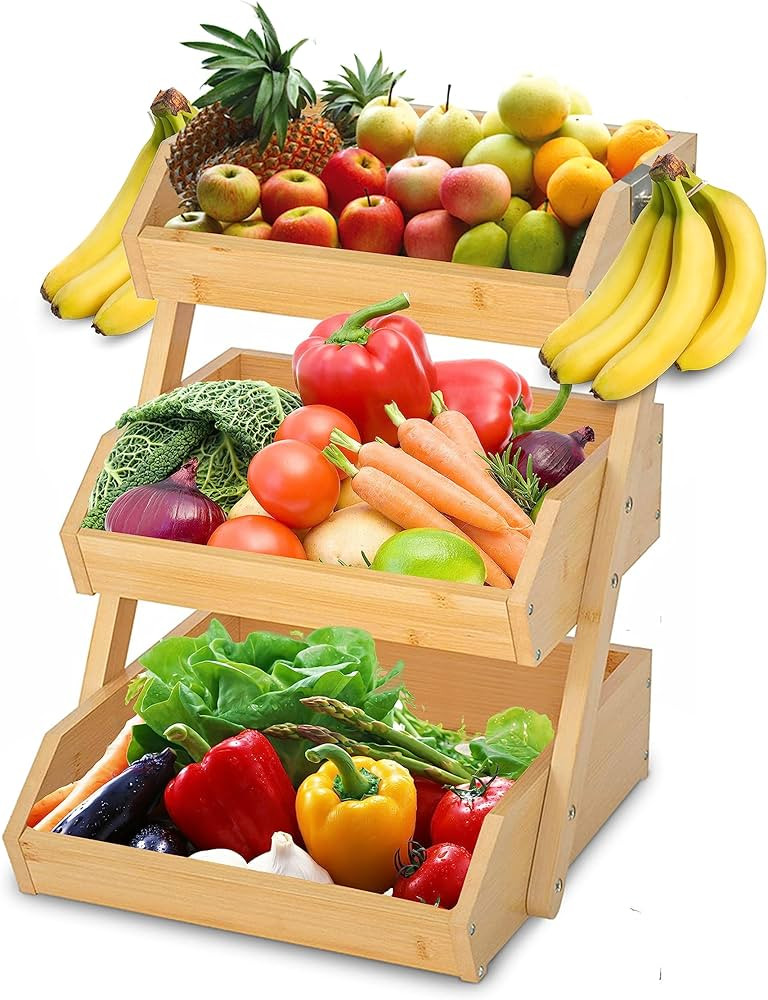 GET SORTED Bamboo Fruit Basket 3 Tier — 33+ Pounds Capacity, 12mm Thickness, Raised Bottom & 2 ... | Amazon (US)