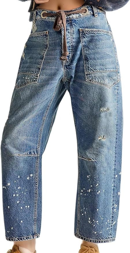 Womens Moxie Pull-On Barrel Jeans Mid-Low Rise Boyfriend Drawstring Ankle Baggy Jeans Elastic Wai... | Amazon (US)