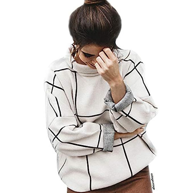 Chicwish Women's Comfy Casual Long Sleeve Cream Grid Turtleneck/Round Neck Knit Top Pullover Sweater | Amazon (US)