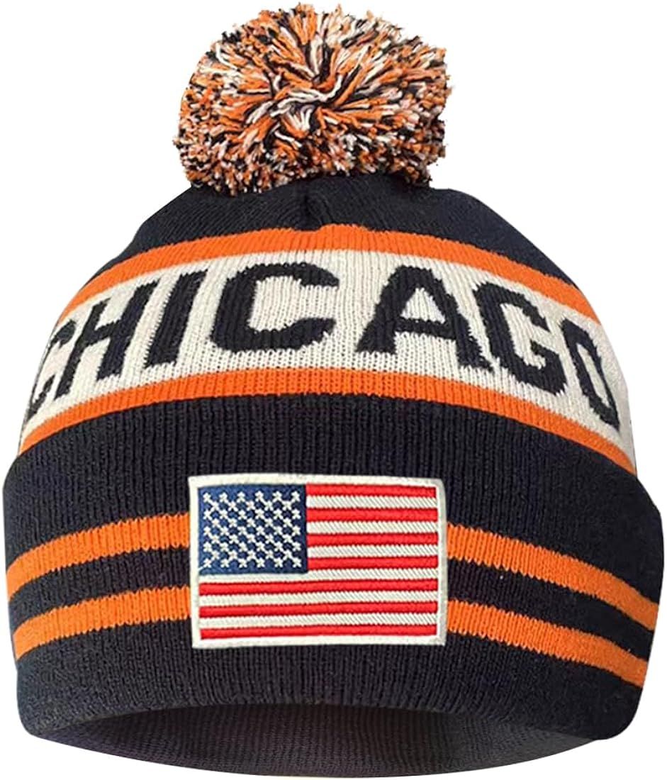 Cayyon US Flag City Football Embroidery Classic Pom Cuff Beanie Hat Cuffed Winter Hat Knit Toque ... | Amazon (US)