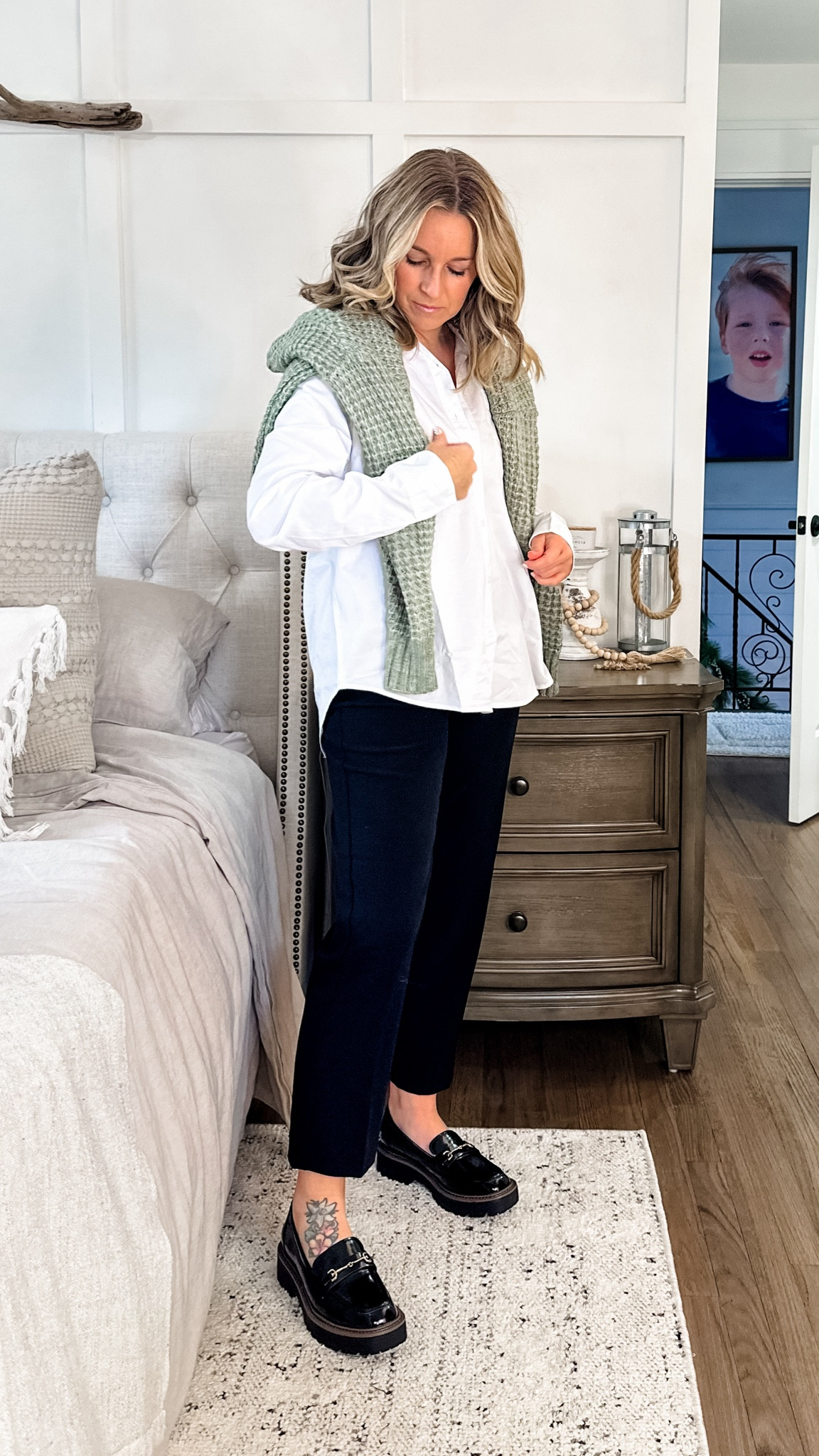 Office ready holiday style. 
Small button down
Small sweater (soft as can be)
True to size pants (best ever)
True to size shoes (amazing)

#LTKHoliday #LTKfindsunder50 #LTKsalealert