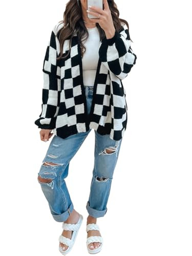 Womens Checkered Cardigan Oversized Plaid Sweater Cardigan Long Sleeve Open Front Cardigans Knit Coats (US, Alpha, Large, Regular, Regular, Black) | Amazon (US)