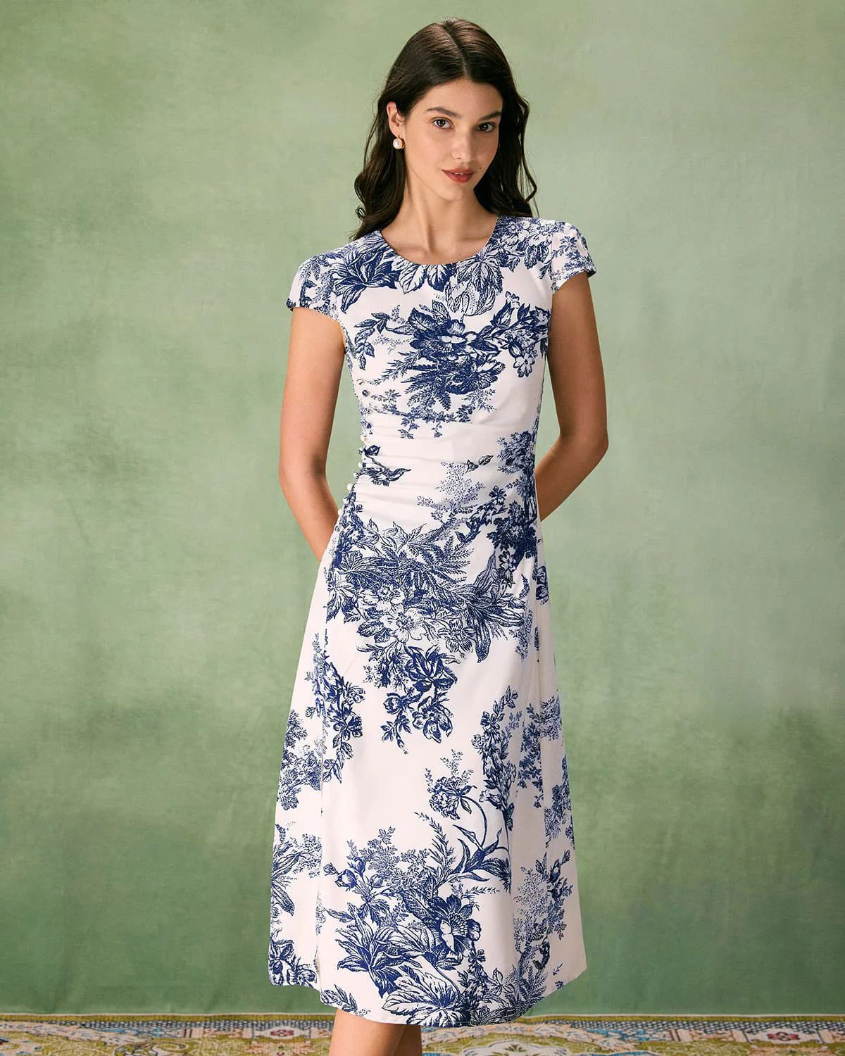 The Round Neck Cap Sleeve Floral Midi Dress & Reviews - White - Dresses | RIHOAS | rihoas.com