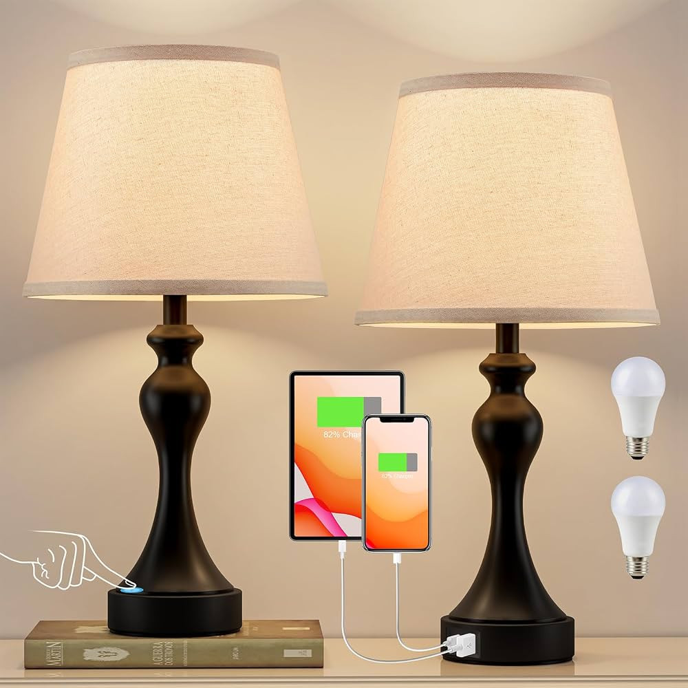 Bedroom Lamps Set of 2 - Bedside Lamps with USB A+C Ports, 3 Way Dimmable Table Lamps for Night S... | Amazon (US)