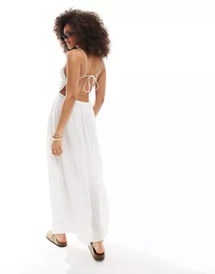 Esmee tie front cut out tiered maxi strappy beach dress in white | ASOS (Global)