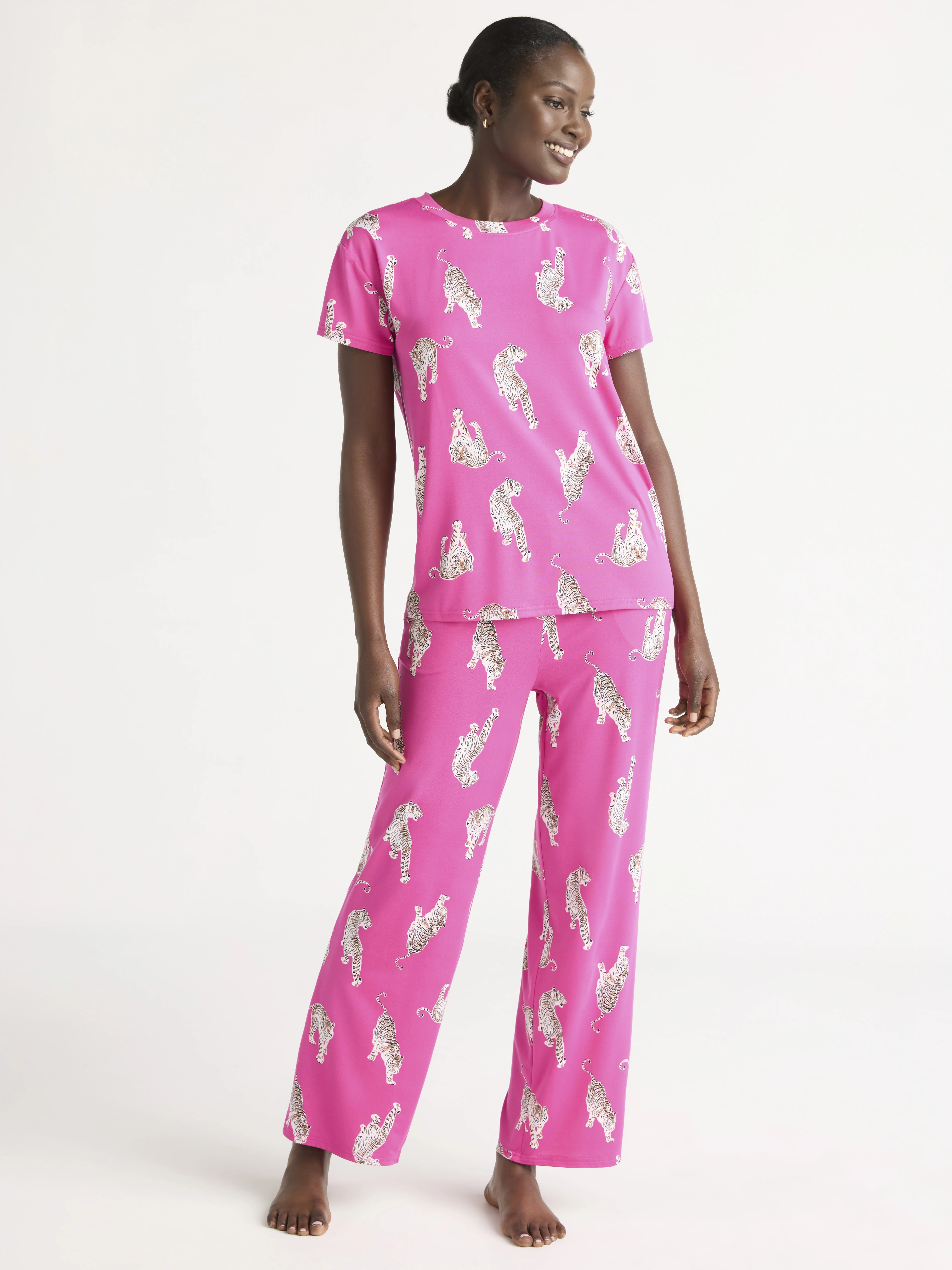 Joyspun Women's Short Sleeve Sleep Top and Open Leg Pants Pajama Set, 2-Piece, Sizes XS-3X | Walmart (US)