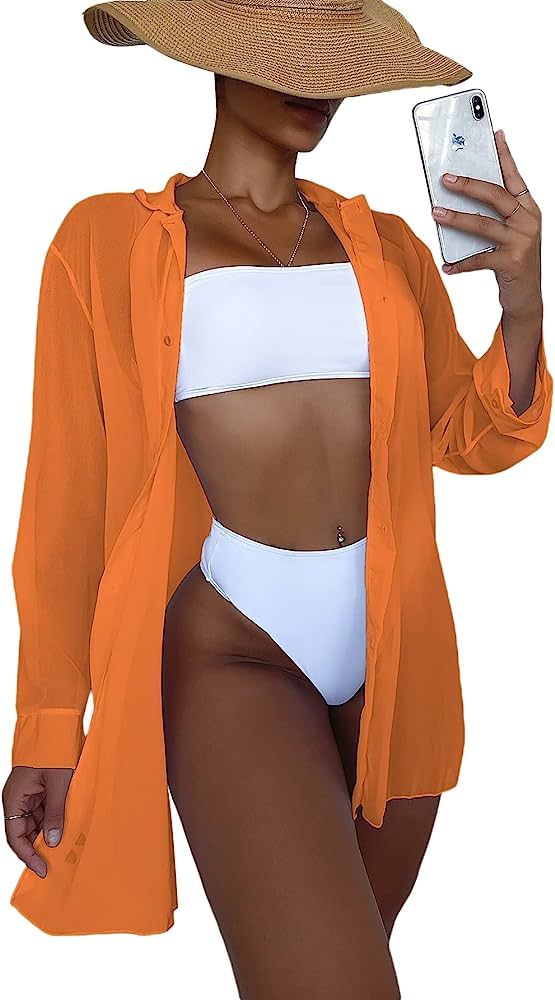 SheIn Women's Open Front Kimono Cardigans Button Down Shirt Long Sleeve Bikini Cover Up | Amazon (US)