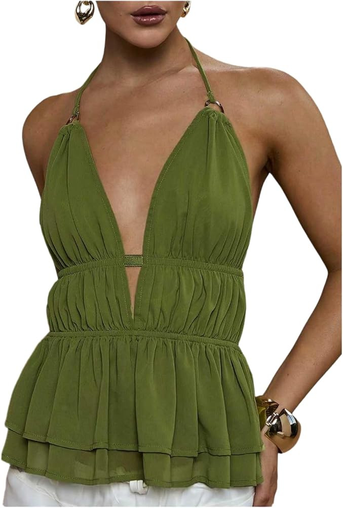 Floerns Women's Sleeveless Halter Top V Neck Smocked Ruffle Going Out Tops | Amazon (US)
