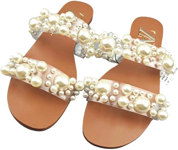 Muicook Bohemian Flat Sandals For Women Pearl Versatile Crystal Sandals With Rhinestone Summer Be... | Amazon (US)