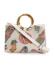 Hand Beaded Bamboo Handle Tote In Pool Ladies Motif | TJ Maxx