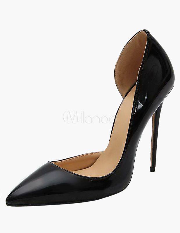 Black Stiletto Heel Patent Leather Pointy Toe Heels | Milanoo