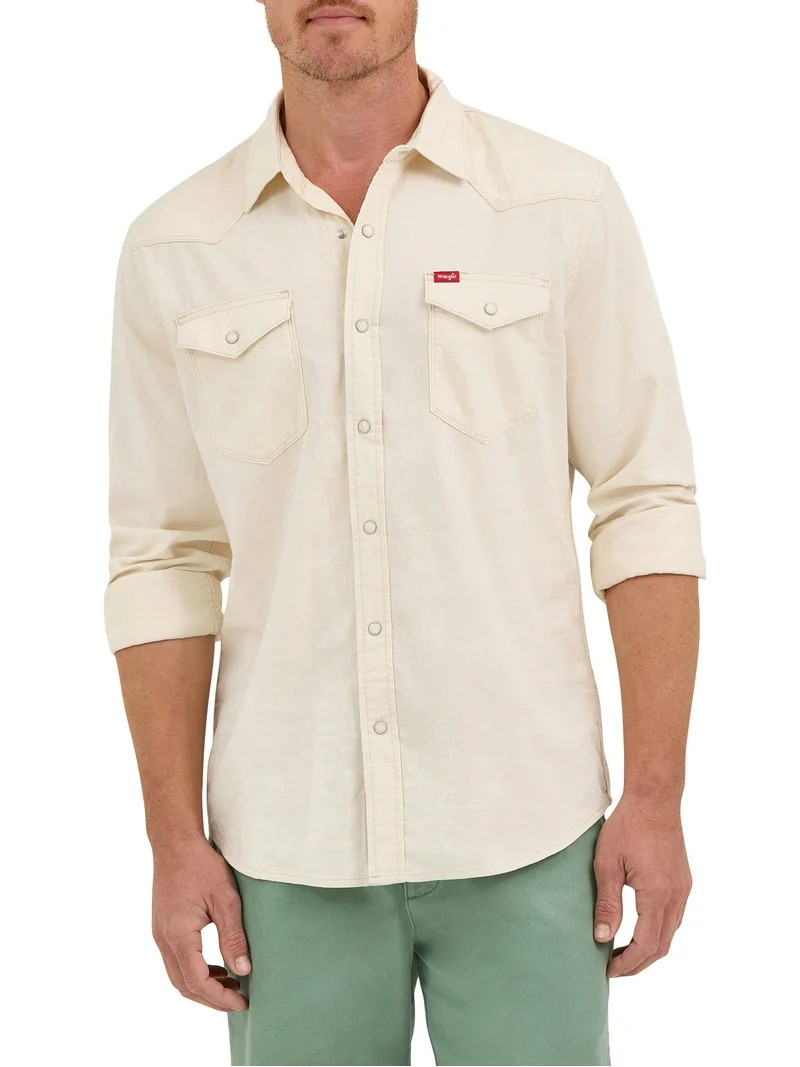 Wrangler® Men's Slim Fit Long Sleeve Woven Twill Shirt with Sunglasses Cleaner, Sizes S-5XL | Walmart (US)