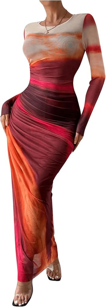 Women's Tie Dye Ruched Long Sleeve Dress Mesh Slim Fit Bodycon Maxi Dresses | Amazon (US)