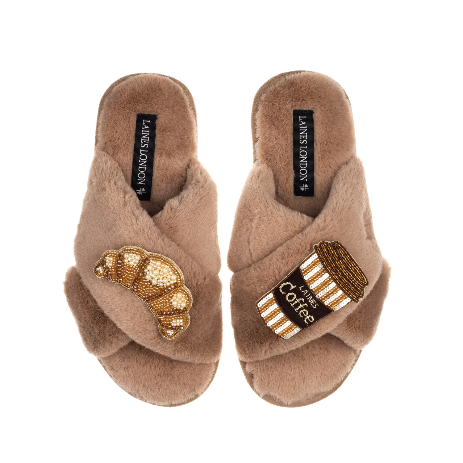 Classic Laines Slippers With Coffee Cup & Croissant Brooches - Toffee | Wolf & Badger