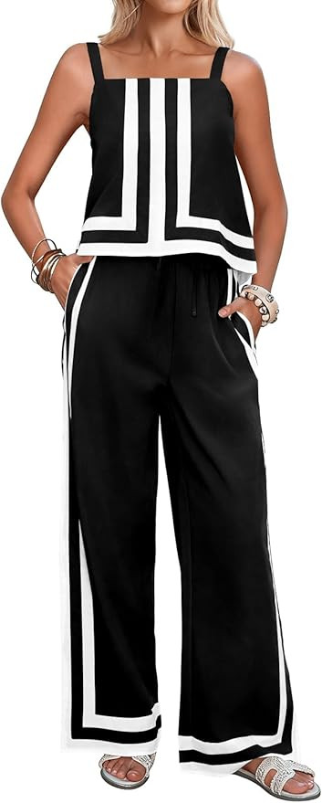 Tankaneo Womens 2 Piece Lounge Set Summer Casual Color Block Cami Top Wide Leg Pants Set Beach Va... | Amazon (US)