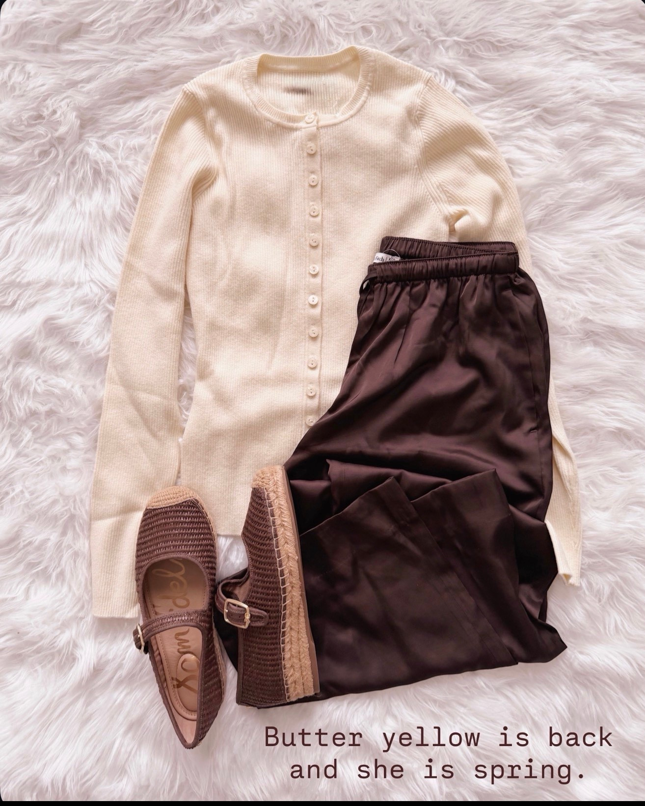 Butter yellow just does something. It softens the whole look but still feels fresh, especially paired with rich brown satin. This is the kind of outfit that works for brunch, errands, or a casual dinner and still looks pulled together.

butter yellow cardigan, satin brown pants, spring outfit idea, neutral spring look, brown mary jane flats, elevated casual style, spring capsule wardrobe, lightweight sweater outfit

#LTKSeasonal #LTKmomlife #LTKOver40