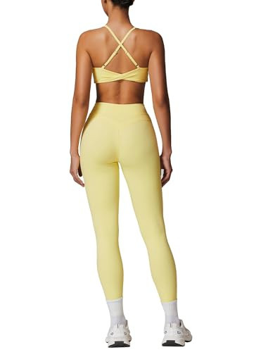 QBGJTD Two Piece Womens Workout Sets for Women U Neck Cross Back Sports Bras Matching Tummy Control High Waist Leggings Set Gym Yoga Jogger Athletic Clothes Pilates 2 Piece Outfits Yellow M | Amazon (US)