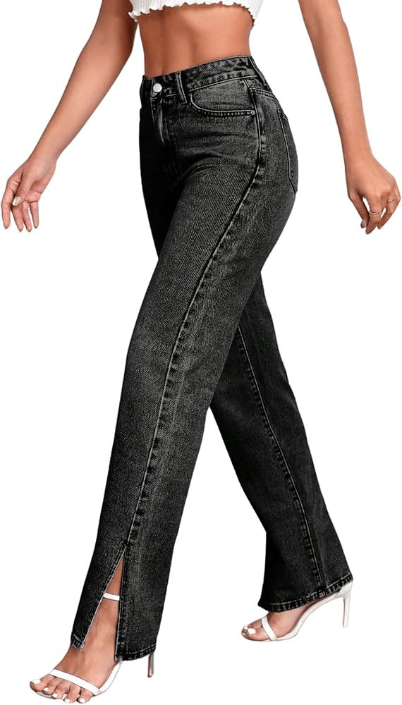 SweatyRocks Women's High Rise Zip Up Jeans Casual Split Hem Straight Leg Washed Denim Pants | Amazon (US)