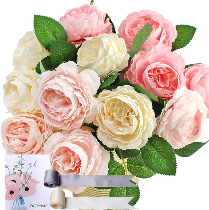 SnailGarden 12 Head Artificial Peony Flowers , 3 Colors, Silk Peony Pink with 2Pcs Satin Ribbon a... | Amazon (US)