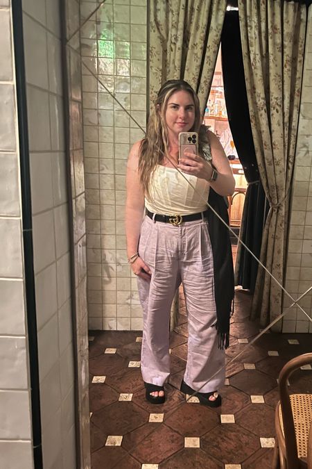 Dinner outfit in Milan 

Love these lilac linen pants 

These come in a lot of different colors and are perfect for hot European summers 

Paired these with a white amazon bustier top, Gucci belt, and black slides 

Top is xl 
Pants large - I did have these taken in and hemmed 


#LTKsalealert #LTKFind #LTKstyletip