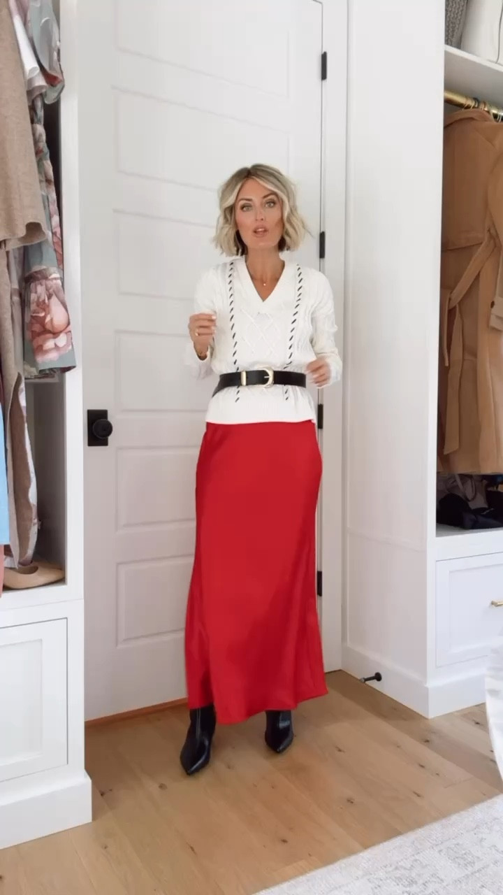 This red maxi skirt! 👏🏼 This outfit would be so cute for a game day! Wearing XS!

Loverly Grey, Loft, Target finds, game day outfits, red skirt, maxi skirt, cream cable-knit sweater, black booties, fall outfit, fall workwear 

#LTKStyleTip #LTKSeasonal