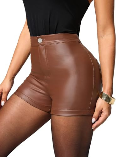Women's Brown Faux Leather Shorts -Tight Booty Shorts High Waisted Sexy Stretchy Mini Shorts S | Amazon (US)
