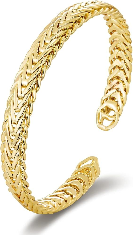 Gold Bracelet 14k Gold Plated Dainty Cuff Bracelets Tiny Cubic Zirconia Chunky Weave Chain Figaro... | Amazon (US)