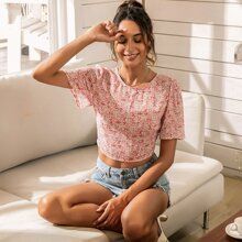 Lace Up Back Ditsy Floral Print Top | SHEIN