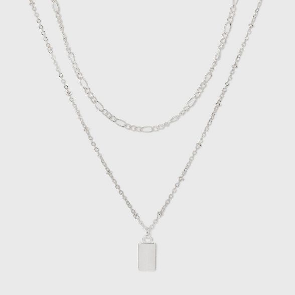 Rectangle Charm Layered Chain Pendant Necklace - A New Day™ Silver | Target