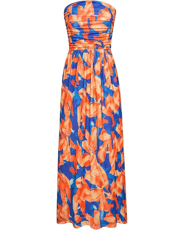 GRACE KARIN Women Strapless Dress Casual Loose Ruched Long Maxi Dress with Pockets | Amazon (US)