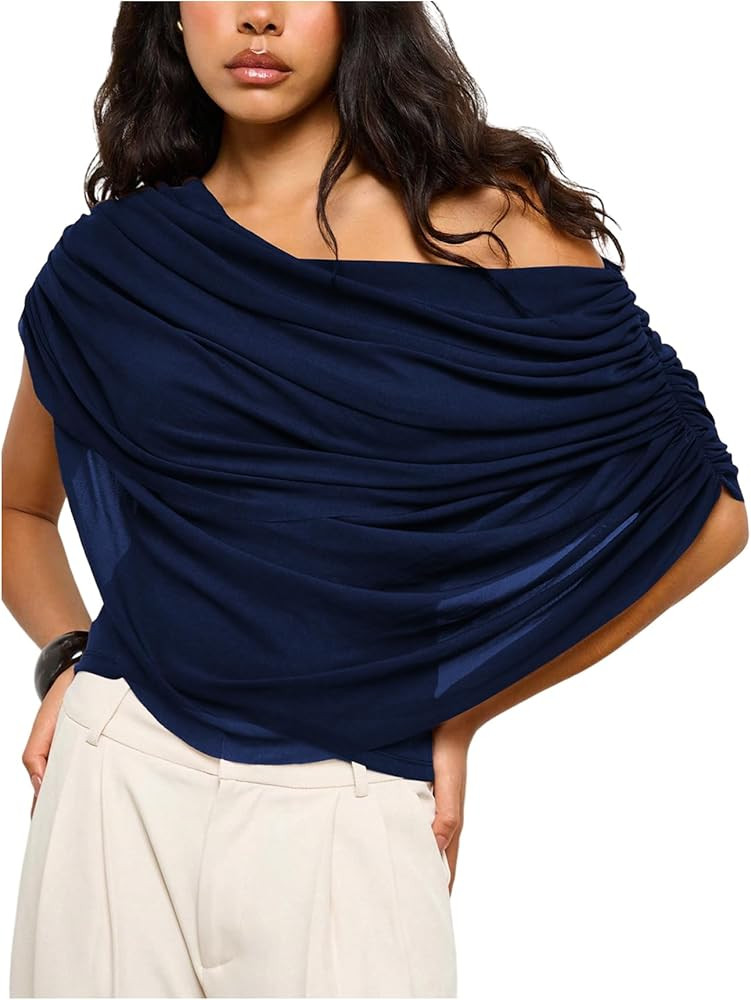 Milumia Women's Off The Shoulder Ruched Mesh Top Draped Asymmetrical Short Sleeve T Shirts | Amazon (US)