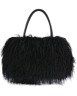 Women Luxury Real Lamb Mongolian Flush Wool Fur With Genuine Leather Handles Handbag | Amazon (US)