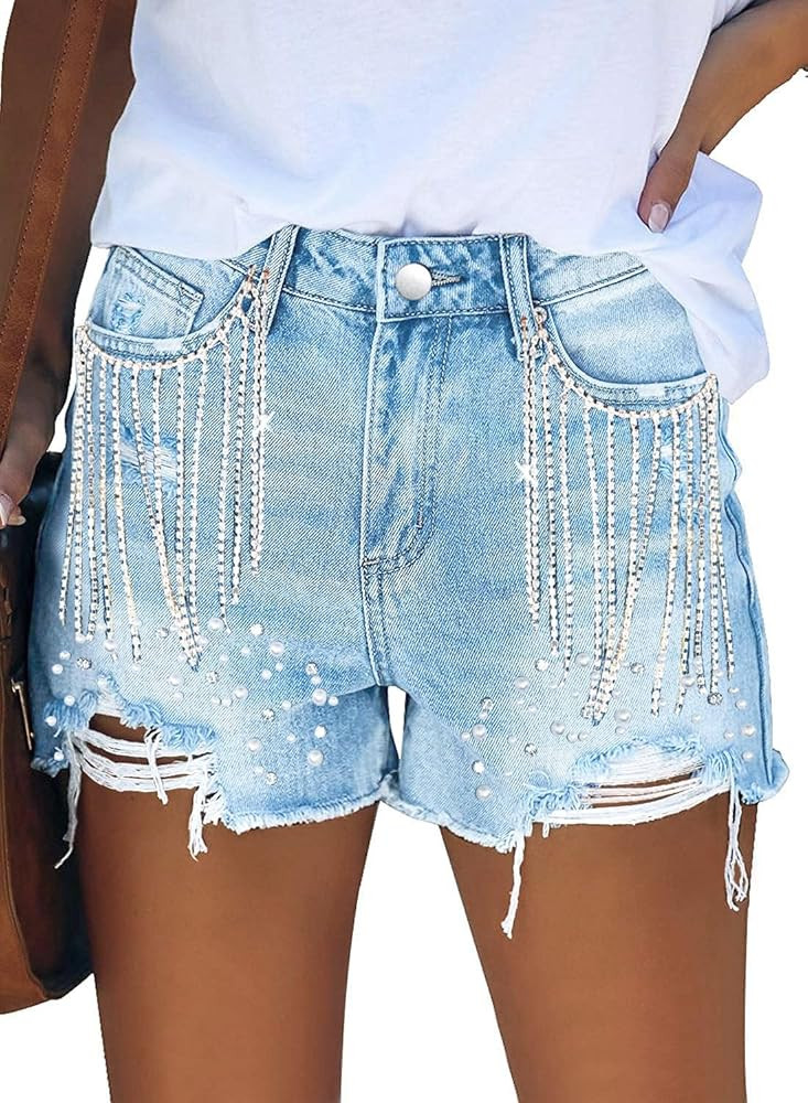 JMITHA Women's High Waisted Denim Shorts Distressed Raw Edge Stretch Denim Jean Shorts | Amazon (US)