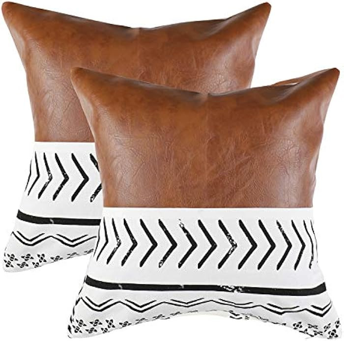 Boho Couch Pillow Cover 18X18 Inch, Set of 2 Moroccan Natural Cotton and Faux Leather Fabric Modern  | Amazon (US)