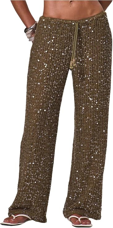 WDIRARA Women's Sequin Crochet Cover Up Pants Hollow Out Beach Pants Swimwear | Amazon (US)