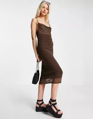 ASOS DESIGN cowl neck mesh midi dress in brown and black checkerboard print | ASOS (Global)