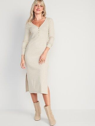 Fitted Long-Sleeve Heathered Rib-Knit Henley Midi Dress for Women | Old Navy (US)