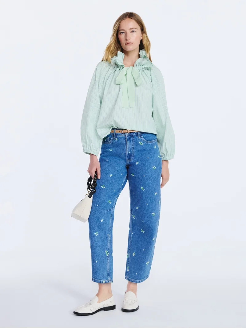 Free Assembly Women's Ruffle Tie Neck Cotton Top with Long Puff Sleeves, Sizes XS-XXL | Walmart (US)