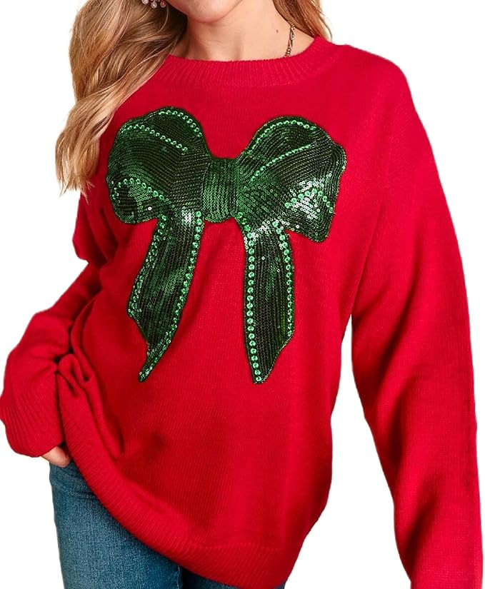 ROAONOCOMO Women Christmas Sequins Sweatshirt Funny Graphic Oversized Pullover Top Cute Xmas Sant... | Amazon (US)