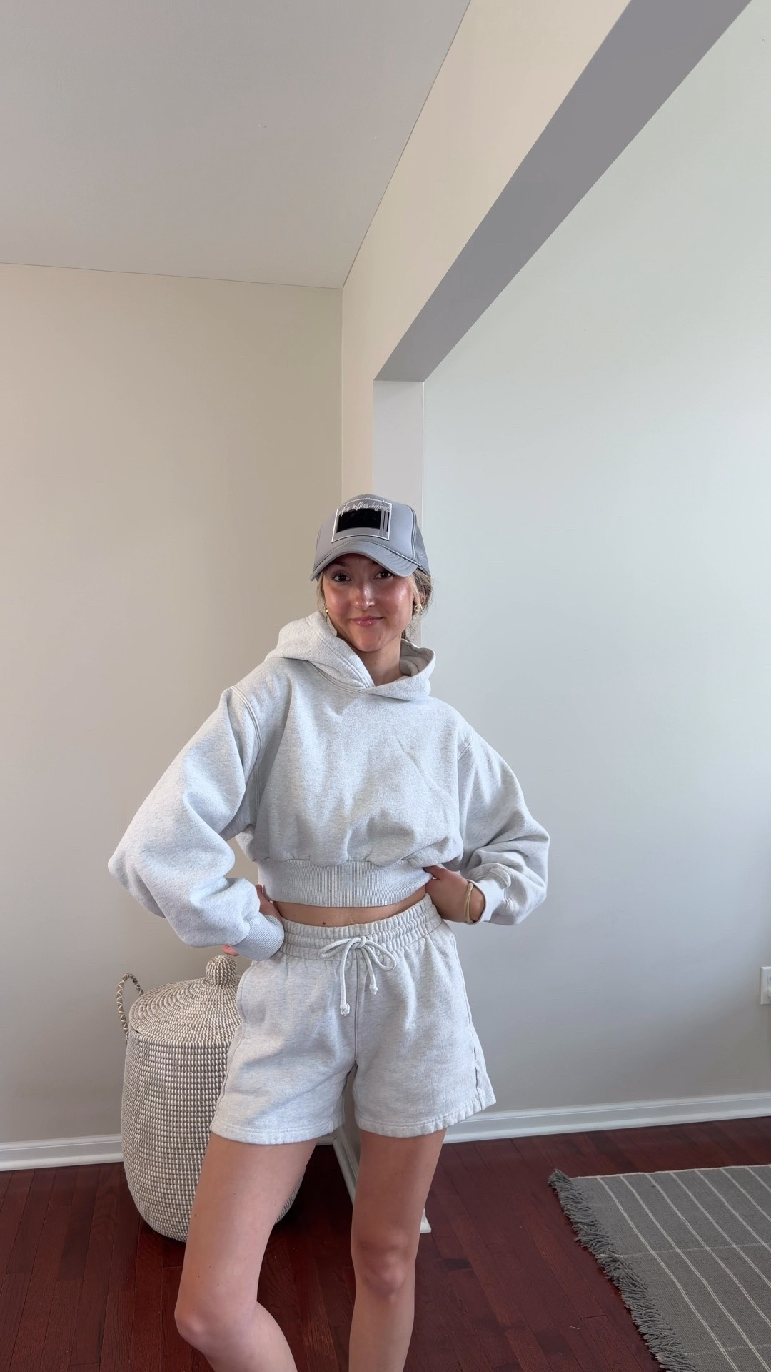 Wearing xs in all pieces, color light heather grey. I bought this set years ago so they don’t have the exact hoodie but linked shorts below!