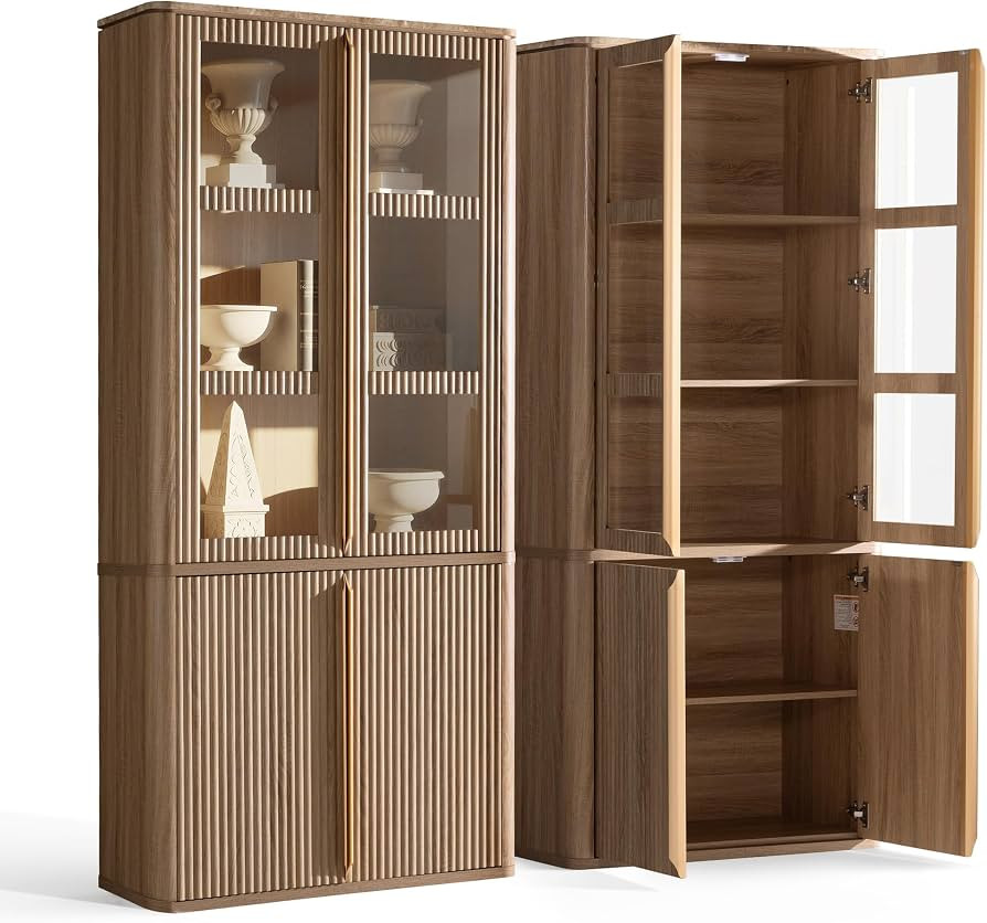 77" Tall Pantry Cabinets with Glass Doors, Fluted Storage Cabinet, Oak 1pc | Amazon (US)
