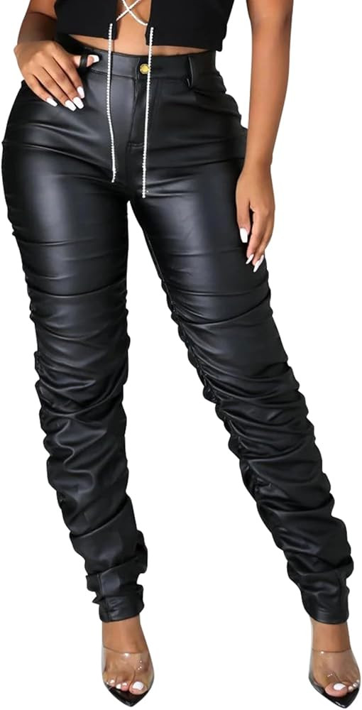 Sexy Women Faux Leather Leggings High Waisted Pleated Leather Tights Splits Hem Stacked Pants | Amazon (US)