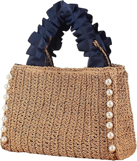 Straw Tote Bag for Women Pearls Woven Handbags Summer Travel beach bags Fashion Purse | Amazon (US)