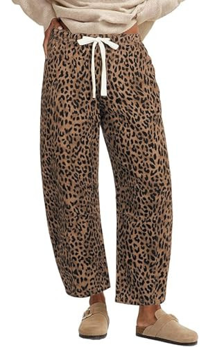 loveimgs Women Baggy Cheetah Print Barrel Jeans Leopard Printed Denim Barrel Pants Elastic Waist Wide Leg Jean Drawstring Y2k (Small,Brown Leopard) | Amazon (US)