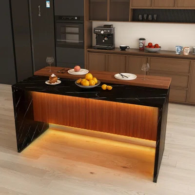 63" Modern Kitchen Island With Marble-Look Surface, LED Lights | Wayfair North America