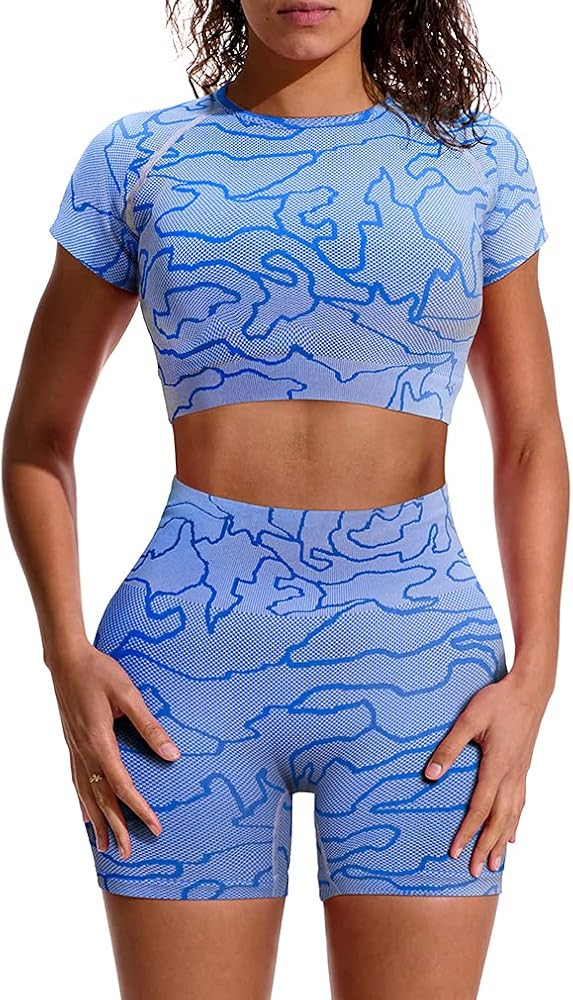 GXIN Women Workout 2 Piece Outfit Yoga Stretch Top Set High Waist Sport Shorts | Amazon (US)