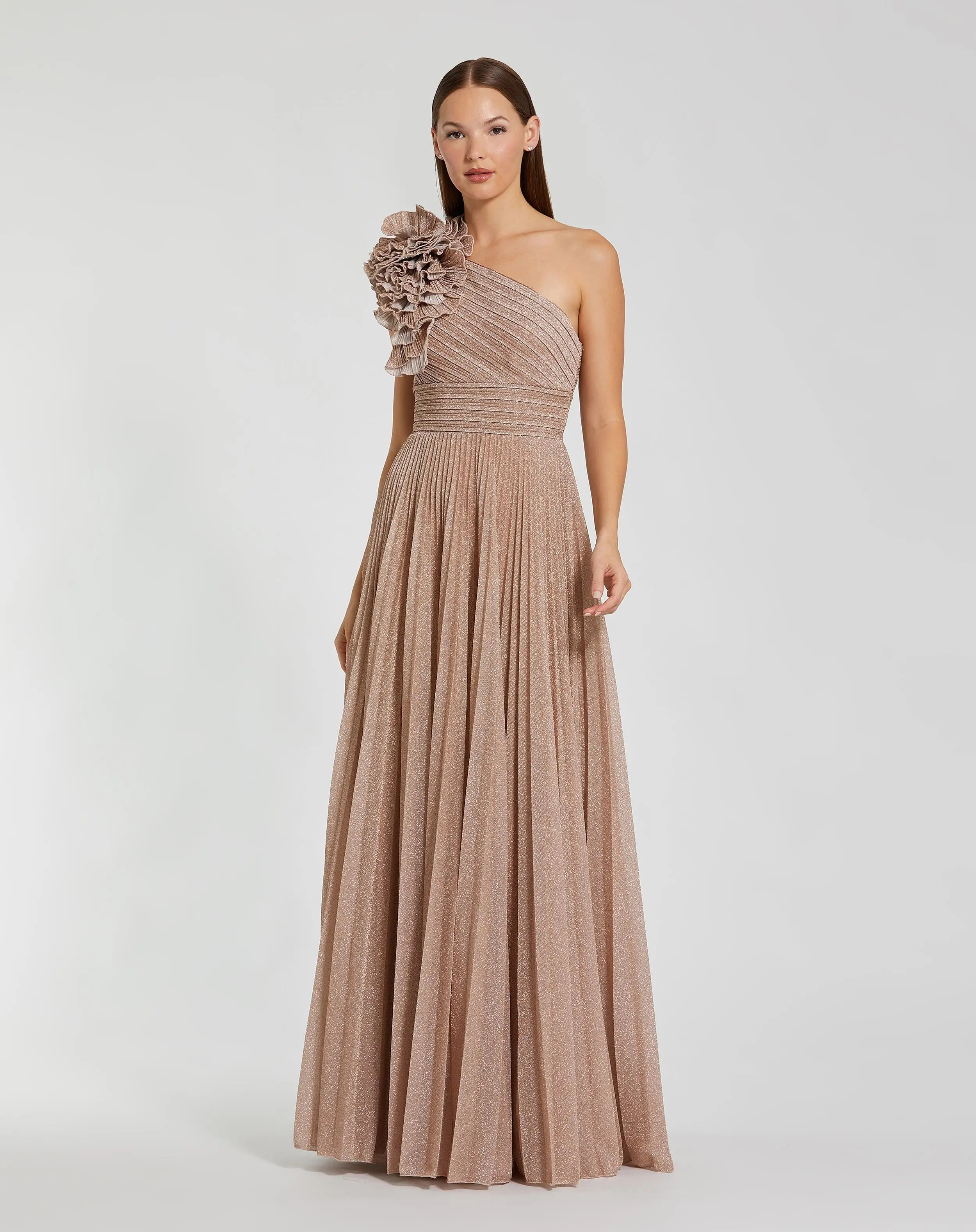 Pink Pleated One Shoulder Ruffle Gown | Mac Duggal