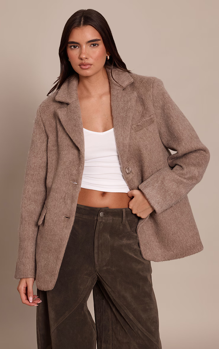 Oatmeal Brushed Wool Look Oversized Blazer | PrettyLittleThing UK
