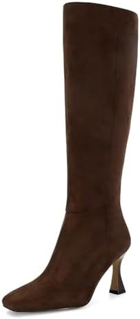 Dsevht Black Leather Knee High Boots for Women Stiletto Kitten Heeled Sexy Boots Square Toe and S... | Amazon (US)