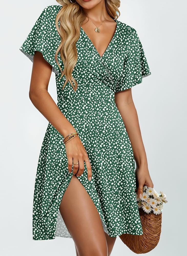 PLMOKEN Summer Dresses Women UK Casual Deep V Neck Wrap Dresses Ladies Ruffle Sleeve Empire Waist... | Amazon (UK)